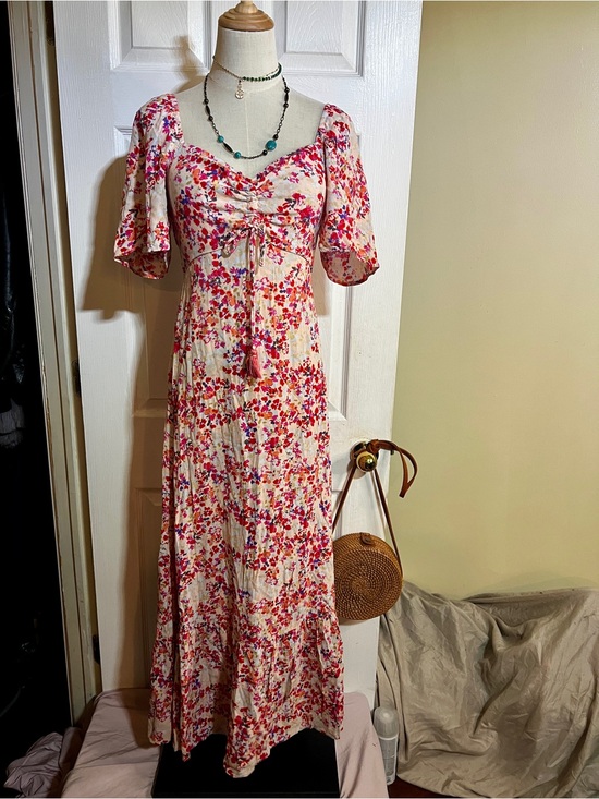 lovestitch Dresses & Skirts - LoveStitch Wms Cream Red Floral Pleated Smocked Cottagecore Maxi Dress S/M